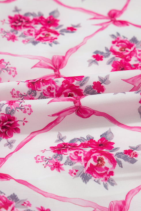 Floral Ruffle Shoulder V Neck Mini Dress with Bow Detail